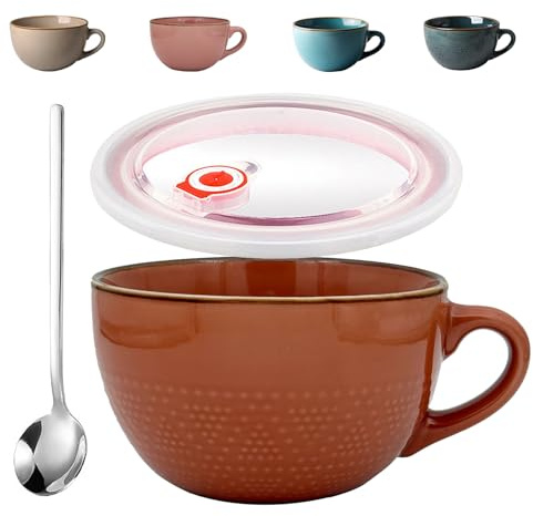 Groß Tasse Keramik, 700ml Groß Suppentassen mit Henkel, Mikrowellenherd Keramikschale, Joghurtschale, Porzellan Suppenschüssel, für Heiße Suppen, Haferflocken (Rot)