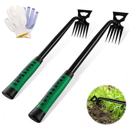 xuefenfei 2 Pièces Outil de Désherbage, Désherbeur Manuel avec Poignée, 5 Dents + 6 Dents Arrache Mauvaise Herbes, pour Désherber Votre Jardin, Creuser (Vert)