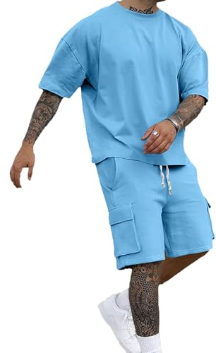 QUNERY Ensemble Ete Homme Survêtement 2 Pièces Tenues Jogging T-shirt + Short avec Poches Vacances Plage Costumes