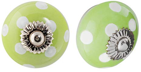 Nicola Spring Ceramic Cupboard Drawer Handle Knobs - Polka Dot Design - Green/White - Pack of 24