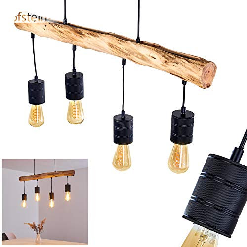 Pendelleuchte Ajaccio, Hängelampe aus Metall/Holz in Schwarz/Natur, 4-flammig, 4 x E27, Hängeleuchte mit Holzbalken im Retro/Vintage-Design, Höhe max. 122 cm, ohne Leuchtmittel