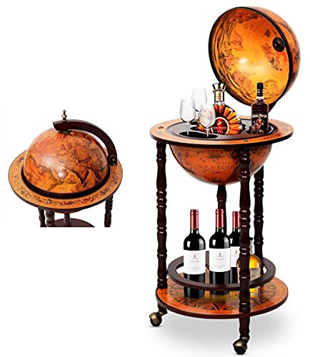 RELAX4LIFE Carrello da Bar con Globo, Tavolo da Bar a 2 livelli in Legno di Eucalipto Naturale, Mobile da Bar in Stile Vintage con Ruote Girevoli per Vini e Liquori