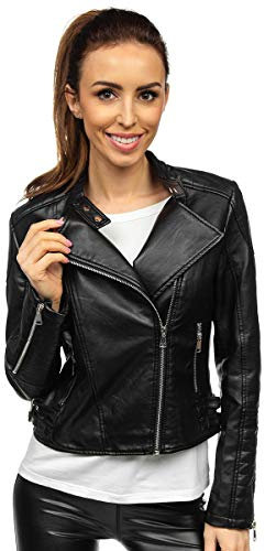 BOLF Damen Lederjacke Kunstleder Übergangsjacke Frühlingsjacke Bikerjacke Motorradjacke mit Reverskragen Stehkragen Reißverschluss Vintage Casual Style YD BF5935502 Schwarz L [D4D]