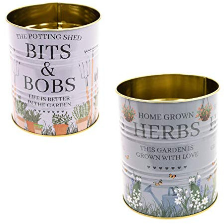 Set of 2 Potting Shed Round Metal Garden Storage Tin Box