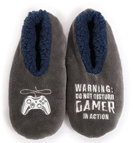 Splosh Men's Grey Gamer Slippers | Medium Fluffy House Shoes for Gamers | Soft, Cozy & Machine Washable with Non-Skid Sole, Fun Gift for Men | Size 6 7 8 9 10 11 Available