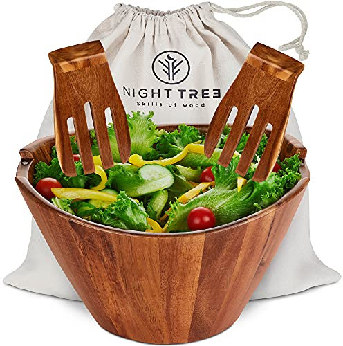 NIGHT TREE Wooden Salad Bowl Set with Magnetic Serving Utensils - Large Acacia Wood Bowls for 6-8 Servings, Handcrafted Design, Durable and Perfect for Gifting