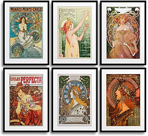 MONOKO® Jugendstil Bilder Set | Alfons Mucha Poster Vintage Kunstdruck | Schlafzimmer Wandbilder Wohnzimmer | 6x A4 ohne Rahmen