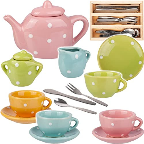 alles-meine.de GmbH Puppenküche - Geschirr & Zubehör Verschiedene Modelle wählbar 26 TLG. Set Puppengeschirr/Teeservice & Kaffeeservice + Besteckset - Bunte Punkte - Gesc..