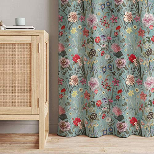 Vorhänge grün Blickdicht Verdunkelung Gardinen - Wildblumenwiese - Blumen Florales Thermovorhang modern Wohnzimmer Gardinenschal 2X 225x130 cm