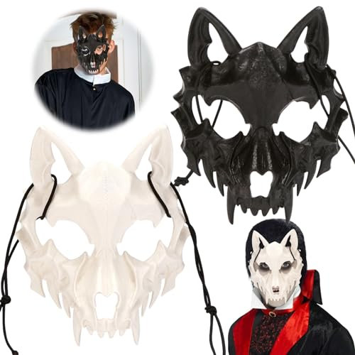Qunkun Lot de 2 Masques de Moto Squelette - Demi-Masque pour Halloween, Mascarade Animale, Loup - Vintage Sans Menton - pour Carnaval, Fête