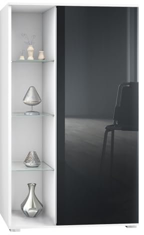 Vladon Vitrine Davos, Made in Germany, Standvitrine mit 3 Glasböden und 8 Fächer, Weiß matt/Schwarz Hochglanz (71,5 x 134 x 35 cm)