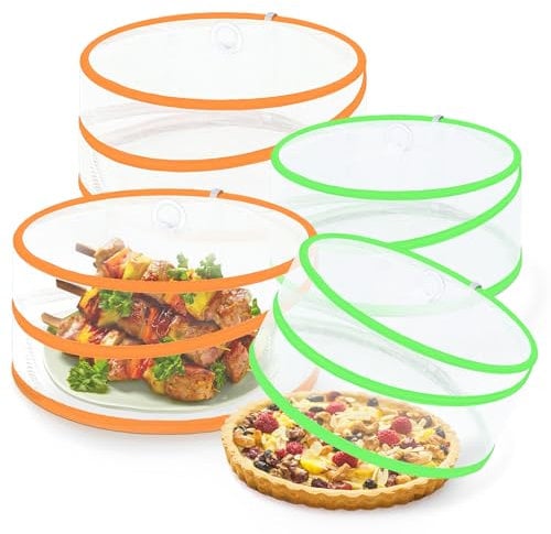 ecooe Cuffia per mosche – Set di 4 coperture pieghevoli per alimenti, copertura in rete per frutta e torte, in due misure, parasole, per barbecue, insalate, picnic, campeggio