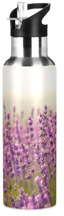 Bouteille d'eau avec paille étanche - Motif fleurs de lavande violettes - Bouteille isotherme pour filles et garçons - 600 ml