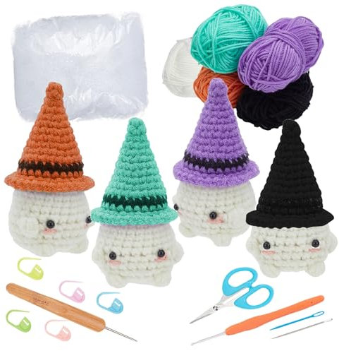 ORIGACH 8 Stück DIY Pilz-Baby mit Halloween-Mütze Häkel-Set für Anfänger Erwachsene, komplette Häkel-Schlüsselanhänger-Set mit Schritt für Schritt Video-Tutorial für Halloween-Partys Gatherings