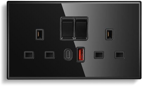 CNBINGO Double Switched Socket with 20W PD USB C and A Fast Charging Ports, Electric Power Sockets 2 Gang 13 Amp, Black Tempered Glass Panel Wall Outlet, 1 Pack