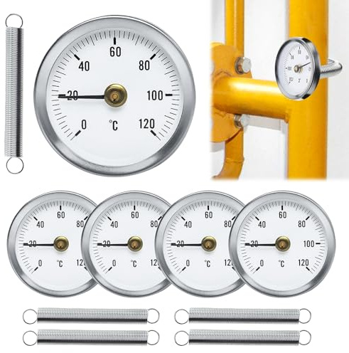 Anlegethermometer Heizungsrohr, 5 Stück Bimetall Anlegethermometer Thermometer, Temperaturanzeige Mit Clip-On Feder, Industrielles Rohrthermometer, Zeigerthermometer 0-120 °C 63 mm Rohr Thermometer