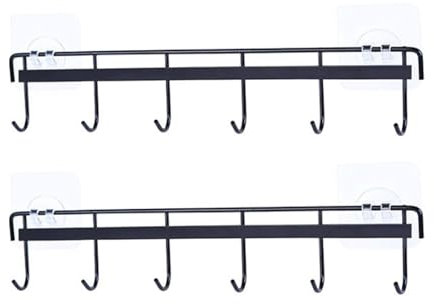 GSDGV 2 Pack Wall Mount Utensil Rail Rack, Kitchen Utensil Hooks No Drilling, Utensil Hangers with 6 Hooks, Adhesive Wall Hooks Rack Kitchen Rail for Kitchen Bathroom Livingroom(Black)