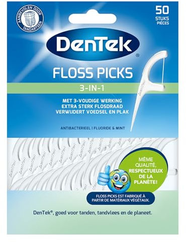 DenTek - 50 Bâtonnets de Fil Dentaire 3-en-1 - Cure-Dents Interdentaires - Fabriqués à Partir de Matières Végétales - Floss Picks - RRFP001NL