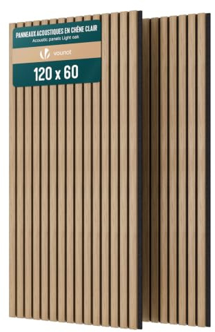 VOUNOT® Wooden Slat Acoustic Wall Panels 2 Pack 120x60 cm, Sound Absorbing Decorative Wood Panelling for Living Room, Bedroom & Office, Light Oak