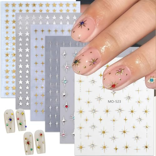CHarmeFleur 6 Blätter Glitzer Stern Nagel Sticker für Nageldesign 3D Glitzer Gold Silber Stern Luxus Strasssteine Nagel Design Sticker Schwarz Weiß Sternenlicht