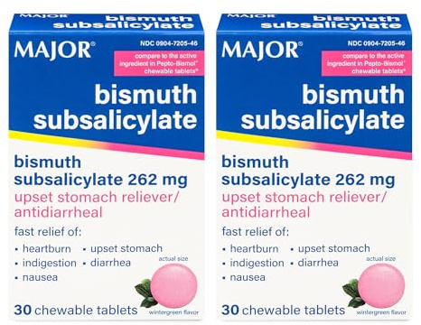 MAJOR Bismuth Subsalicylate 262 mg Chewables - Offers Heartburn, Indigestion, Nausea, Diarrhea, and Upset Stomach Relief - Anti-diarrheal - 30 Chewable Tablets (2 Pack)