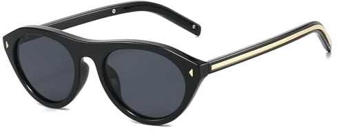 LJCZKA Retro Ovale Sonnenbrille für Damen Herren Kleine Ovale Sonnenbrille Vintage 90er Oval Katzenaugen Rund Schmal Rahmen Brille Mode mit UV Schutz (Schwarz Schwarz)