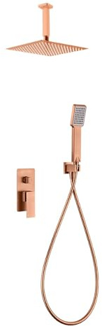IMEX - Grifo de ducha Monomando | Rociador Cuadrado de acero inox. S.304 Ø25 cm, extraplano y antical | Tubo de salida Techo | Acabado Oro Rosa Cepillado