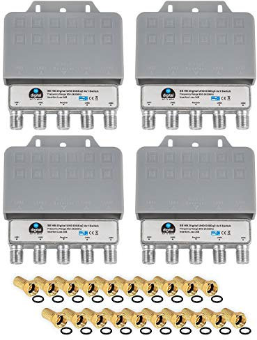 4X DiseqC Schalter Switch 4/1 mit Wetterschutzgehäuse HB-DIGITAL 4X SAT LNB 1 x Teilnehmer/Receiver für Full HDTV 3D 4K UHD + 20 x Vergoldete F-Stecker Vergoldet