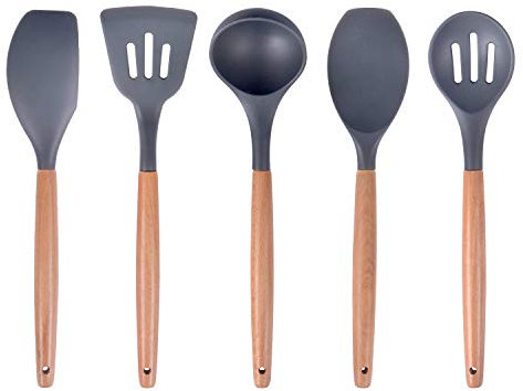SAVORLIVING Silicone Cooking Utensil 5 Pieces with Wooden Handle, Kitchen Utensils 5 Set Including Spatula,Turner, Soup Ladle, Serving Spoon,Slotted Spoon, 30cm, Grey