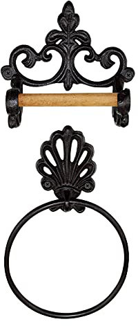 Toilet Roll Holder Vintage Towel Ring Metal Round Towel Holder Wall Mounted Iron Toilet Paper Holder Retro Wooden Rack Kitchen Bathroom Accessories Set Black
