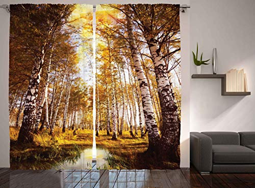 ABAKUHAUS Wald Rustikaler Vorhang, Herbst-Birken-Fluss, Wohnzimmer Universalband Gardinen mit Schlaufen und Haken, 280 x 245 cm, Braun Weiß