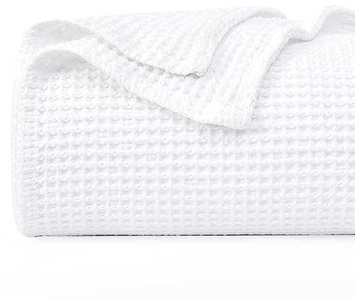 PHF 100% Baumwolle waffledecke Kuschedecke 220x240cm, leicht & atmungsaktiv, perfekt für den Sommer - Oeko-TEX® Zertifiziert - Hotelwäschequalität - Ideal für Sofa Couch Bett, Weiß