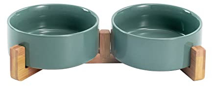 SPUNKYJUNKY Ceramic Dog and Cat Bowl with Wood Stand Non-Slip Glossy Glaze Weighted Food Water Set (400ml, green x 2)