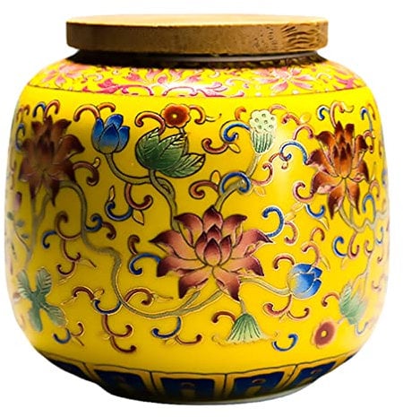 400Ml Ceramic Tea Canister with Wooden Lid, Airtight Storage Jar for Loose Tea, Coffee, Sugar, Spices, Vintage Chinese Porcelain Design, Yellow