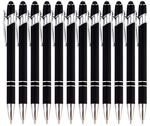 PASISIBICK 12 Stück schwarzer Kugelschreiber mit Stylusspitze, 2-in-1-Stylus-Stift, Premium-Metall-Eingabestift für Touchscreens, schwarze Tinte, 1,0 mm mittlere Spitze (12 Stück schwarz), 14 x 1 cm