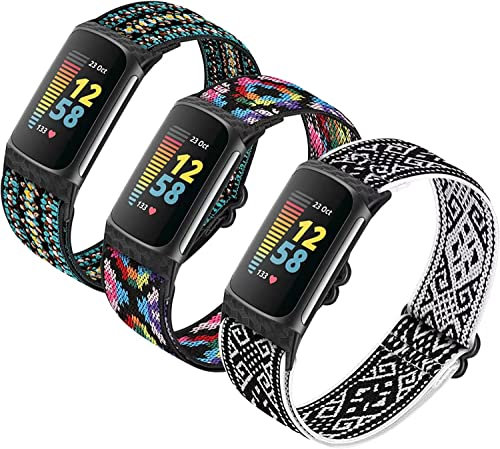 HUYIIO 3 Pack Adjustable Elastic Watch Strap Compatible with Fitbit Charge 5 Straps, Soft Breathable Nylon Sport Band Stretchy Replacement Wristband For Women Men