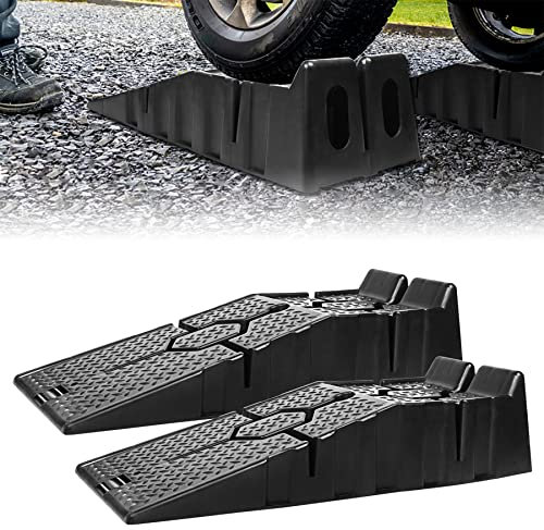 Froadp 2 Stück Auffahrrampe Set Kunststoff Schwerlastrampe Auto Rampe mit Überfahrschutz Hebeplattform Auffahrschiene Verladerampe Laderampe Wagenheber Tragfähigkeit bis 2500kg (90x31x22,5cm)