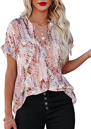 AOISAGULA Damen Sommer Bluse V-Ausschnitt Kurzarm Shirt Casual Oberteile Lose Fit Tops Tunika für Frauen braun M