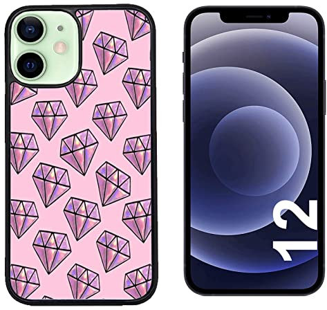 Generico Cover compatibile con Cover Apple iPhone 12 Sfondo Diamanti Sfondo Rosa e Lilla/Indietro in alluminio con gomma sui lati/TPU rigido