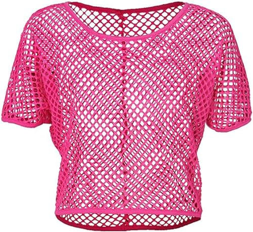 ELFIN Damen Netzshirt Netztop Netzhemd Crop Top 80er Jahre Outfits Karneval Fasching Motto Party Tops Netzoberteil Sommertops, Neon-Pink, L