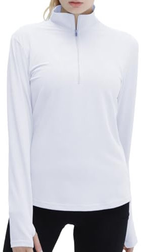 SHEKINI Women Cool Shirts Running Tops Long Sleeve 1/4 Zip Summer Quick Dry Hiking Shirts Sun Protection Golf Sport Gym Pullover White
