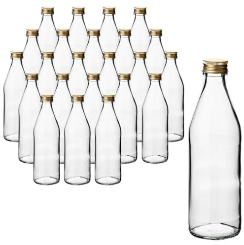 gouveo 24er Set Glasflaschen 330ml Retro - Premium Klarglas mit PP28 Schraubverschluss (Gold) - Ideal für Getränke, Öl, Likör & Aufbewahrung - Spülmaschinenfest & auslaufsicher (SFR330G)
