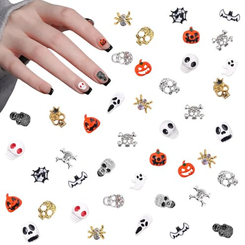 3D Halloween Nail Charms, 30 Pcs Retro Pumpkin Skull Metal Nail Art Charms Gold Siliver Spider Skeleton Nail Gems Rhinestones Nail Accessories for Nail Decorations DIY Crafts (Multi-Colored B)