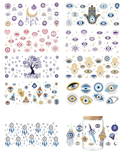 GOMAKERER 10 Blatt UV DTF Cup Wrap Transferaufkleber Aufkleber Mit Dem Aufdruck Glückliche böse Augen Und Blauem Traumfänger Muster Transferdekoration Für Selbstgemachte Flaschen Getränke Marmelade