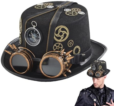 Steampunk Hut Steampunk Zylinder Hut Steampunk Hut Steampunk Top Hüte Mit Brille & Ausrüstung,Damen Herren Karneval Halloween Cosplay Zeitreisender-Kostüm Kopfbedeckung Zubehör Kopfumfang Von 56–58cm