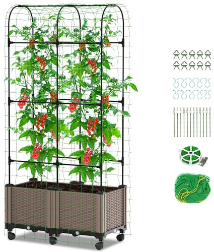 Ytaoeo Blumenkasten mit Tomaten Rankhilfe Obelisk, 2 Stück Hochbeet mit Rankgitter und Rollenrad, Pflanzkasten Pflanzkübel mit Rankhilfe Ranknetz Kletterpflanzen Pflanzenstütze