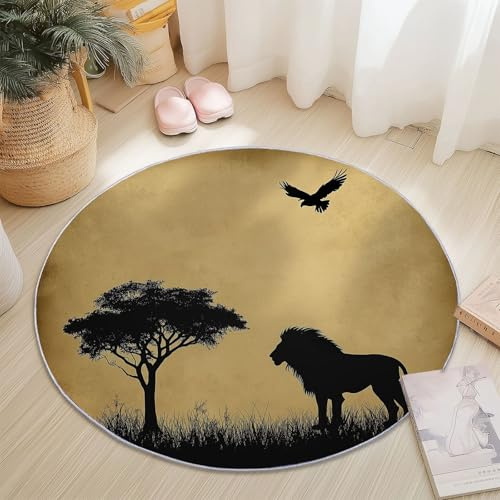 Generisch Kurzflor Teppich Rund 90 cm, Dunkelbraun Natur Tiere Löwen Muster Terrassen Teppich Dekorative Wohnzimmer Schlafzimmer, Teppiche Anti-Rutsch Unterseite