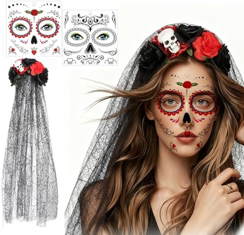 Jiounie Halloween Tag der Toten Haarreif, Mexikanische Stirnband Rosen Totenkopf Kopfschmuck Haarband, Tag Der Toten Haarrei für Frauen Damen Kostüm Accessoires