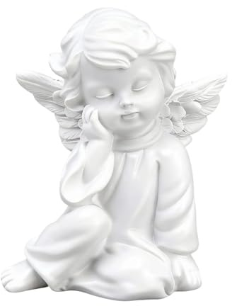 Wetterfeste Grabengel Figur aus Kunstharz, Kleine Schlafende Engelsstatue (4,5 x 7 cm) für Gartendekoration & Grab - Weißer Schutzengel als Deko für Drinnen und Draußen