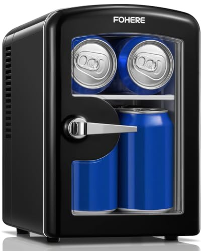 FOHERE Mini Kühlschrank 4 Liter/6 Dosen, Kühl- und Heizfunktion, Minikühlschrank mit 220V AC/12V DC für Zimmer, Kosmetik, Büro, Autos, Getränke, Kleiner Kühlschrank Leise, Schwarz